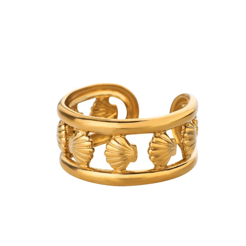 Hot-selling ocean wind starfish shell stainless steel open ring gold-plated women's vacation jewelry