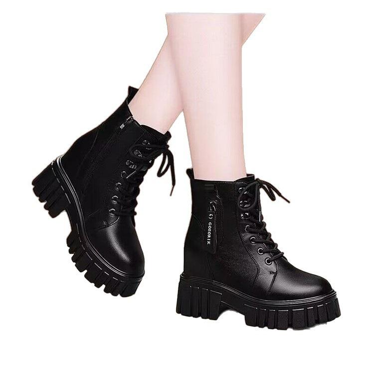 Soft Leather Martin Boots New Autumn and Winter Heightened Platform Boots Velvet British Short Tube Single Cotton Boots