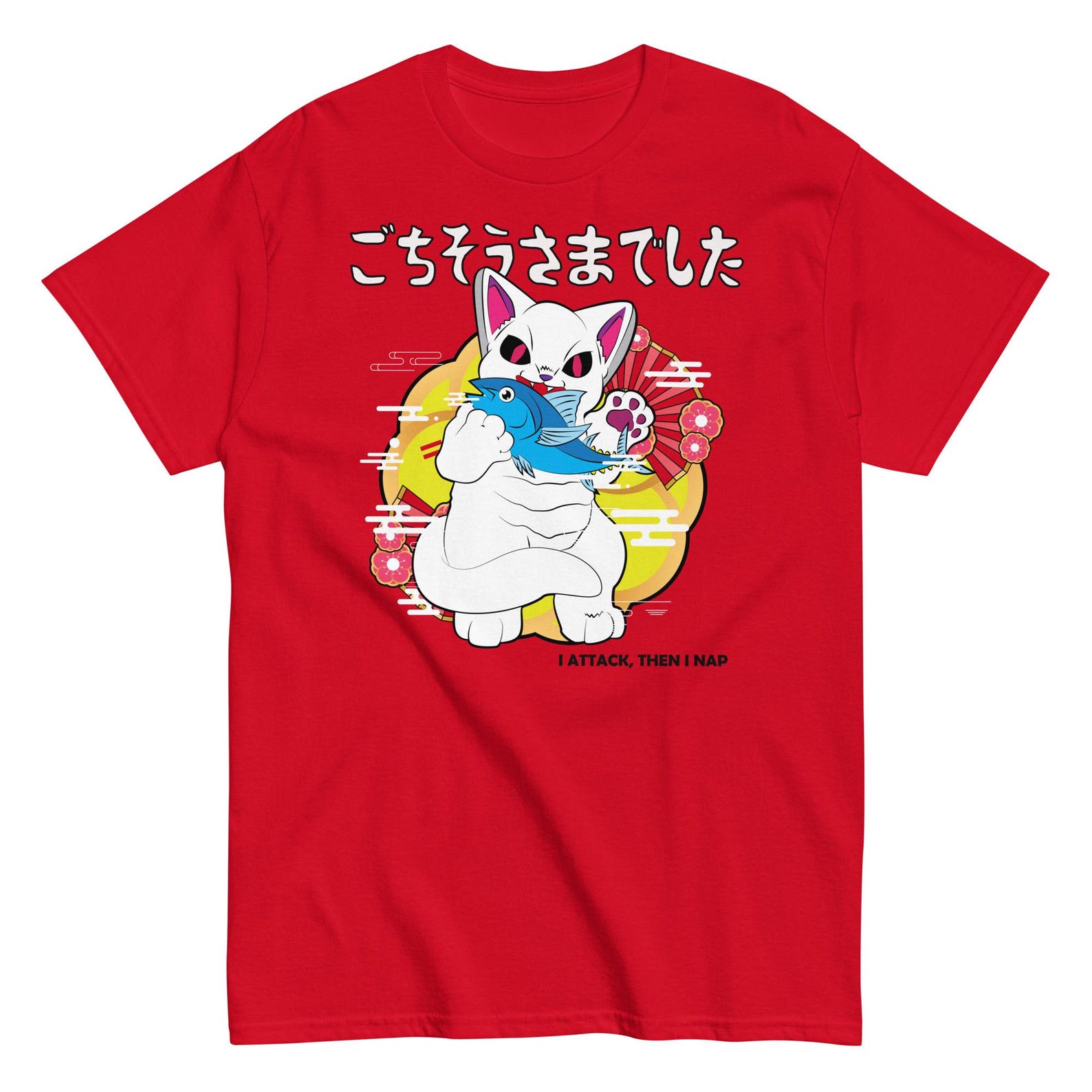 Japanese Cat and Fish T-Shirt, Funny Anime Graphic Tee S