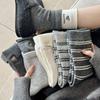 Korean Wool Heart Embroidery Socks - Double Ribbed, Bow Striped, Thick Fleece Lined, Warm Gray Crew