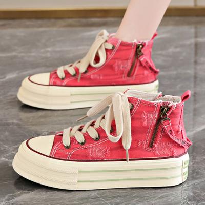 Women Platform Canvas Shoes Retro Student Shoes High Top Sneakers Lace Up Comfortable Skateboard Flat Zipper Sneakers For Female