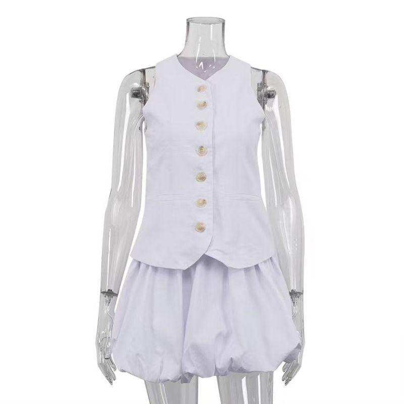 

Western Style Fashion Casual Sleeveless Vest Vest Skirt Two-Piece Tank Top and Skirt Set White M