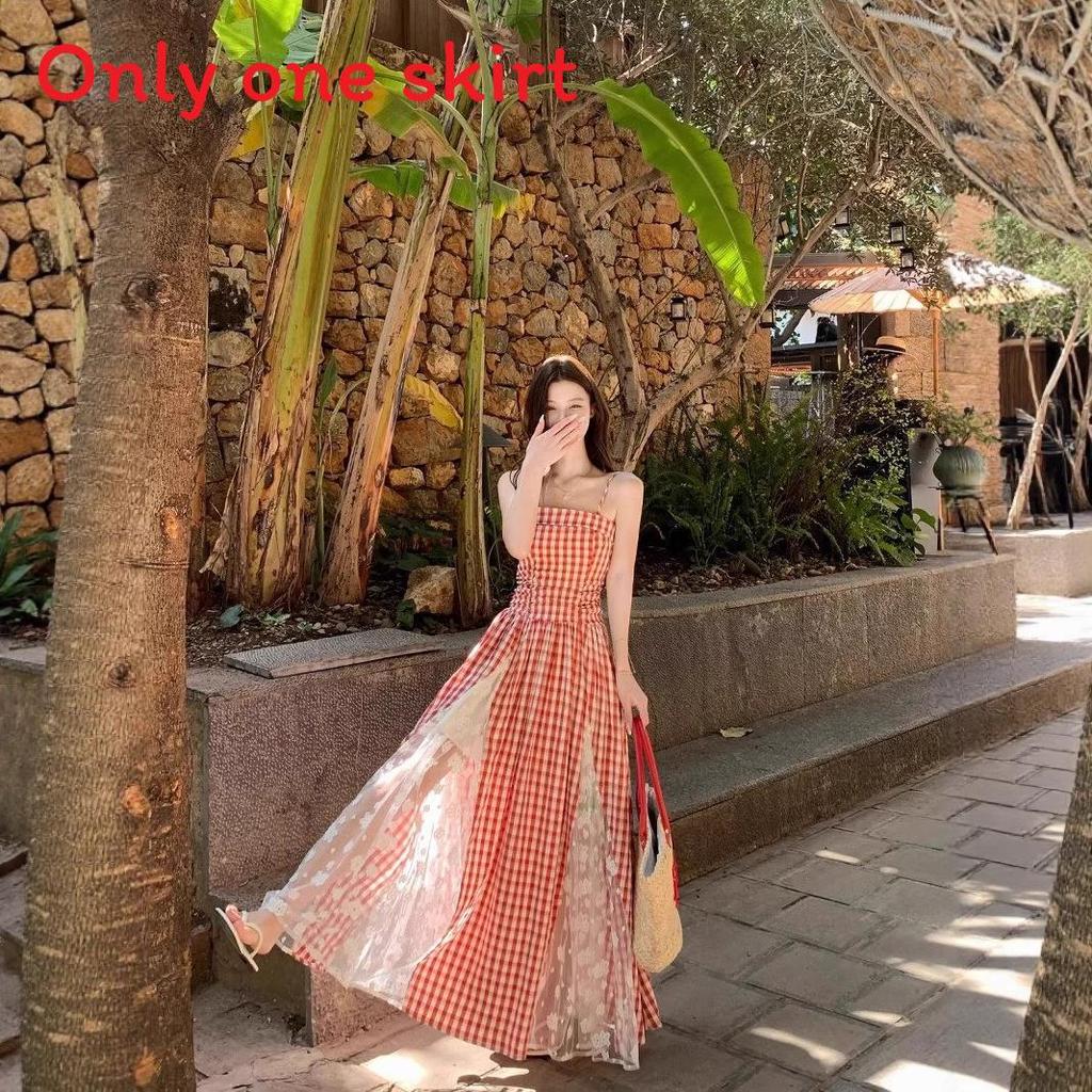 Small Fresh Plaid Lace Cami Dress With Wrapping Design For Summer Casual Wear