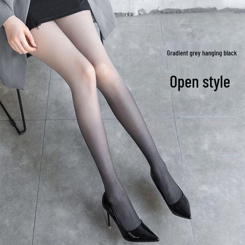 Gradient Black Open Crotch Silk Stockings: Anti-Snag, Fleece-Lined, Thin Style Pantyhose for Spring & Autumn