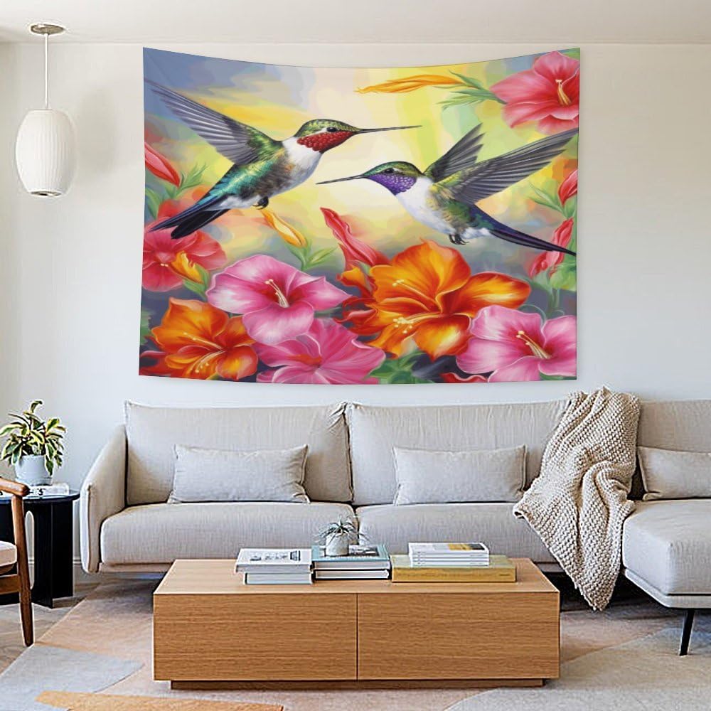 Tranquil Hummingbird Tapestry,Peaceful Green Hummingbird Flying By Pink And White Flowers Print Wall Hanging For Cozy Home Decor