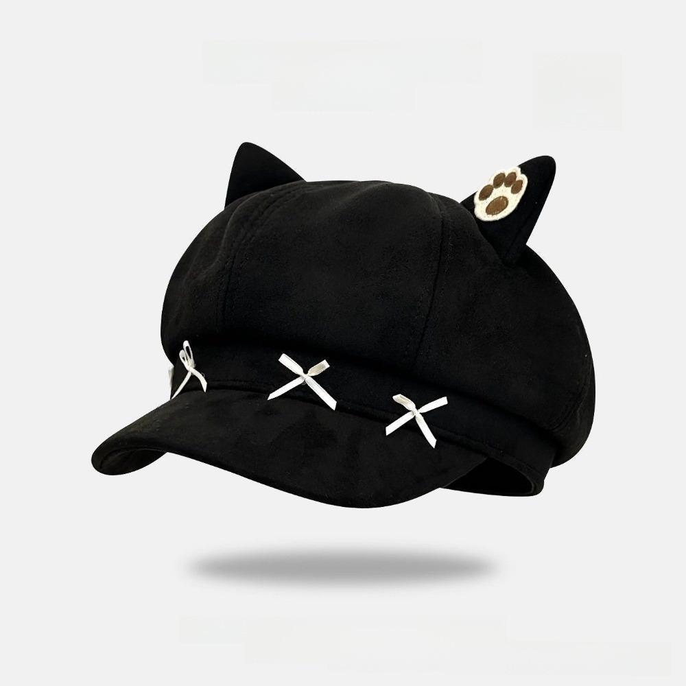 Warm Hat Newsboy Cap Cute Cat Ear Plush Beret New Cat Ears Bow Cap  for Student Wear