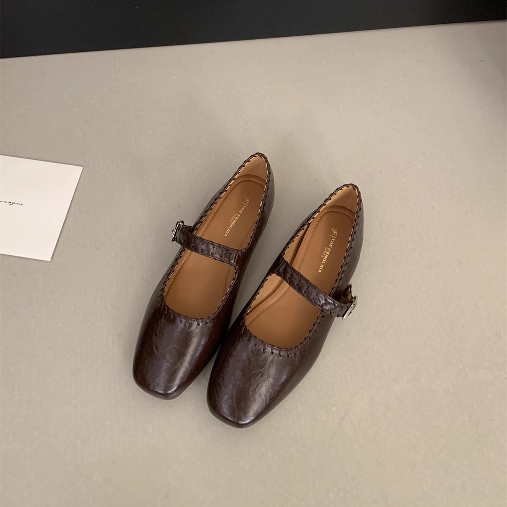 FengLiDa Inner Height Increase Mary Jane Single Shoes Women's 2025 Autumn Retro Square Head Shallow Mouth One-word Buckle Small Leather Shoes