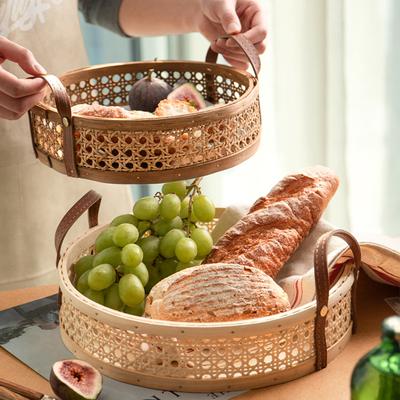 Hand-woven Rattan Storage Basket Nordic Wicker Trays With Handle For Fruit Bread Sundries Home Desktop Organizer Decoration