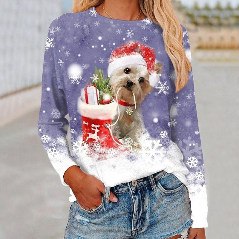 Christmas Women's T Shirt Graphic Santa Claus Snowflake Fashion Casual Long Sleeve Crew Neck Regular Tops Daily