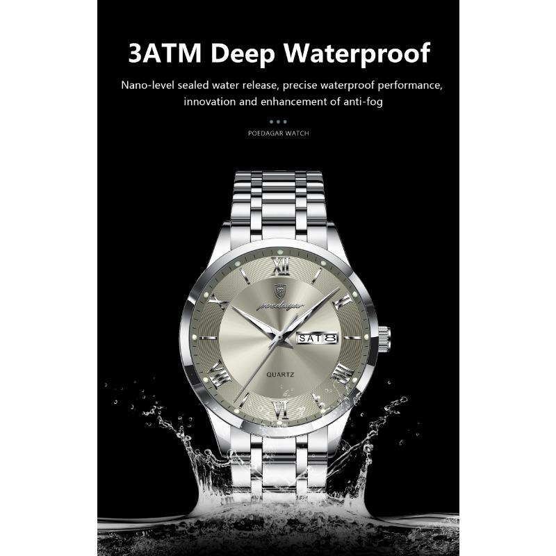POEDAGAR Luxury Fashion Men Clock Waterproof Luminous Week Date Sports Wristwatch Stainless Steel Quartz Watches Reloj