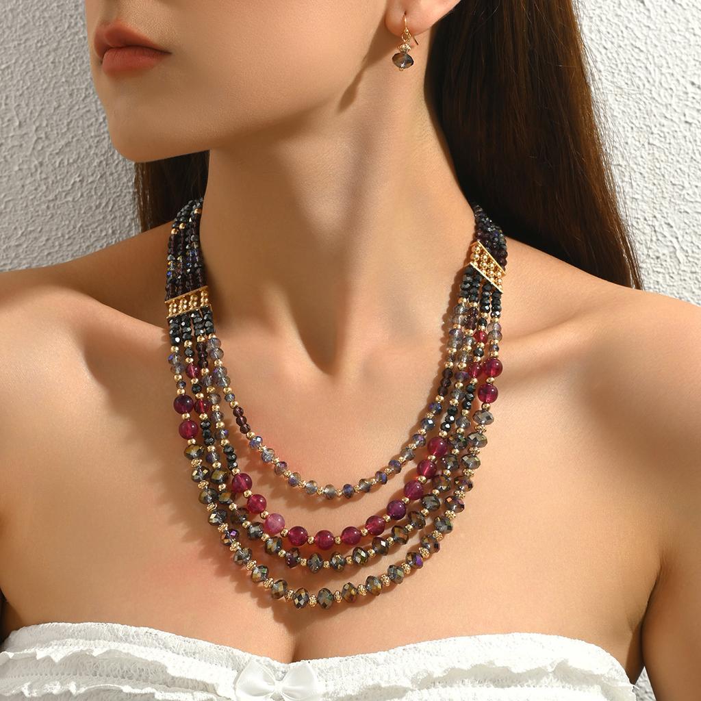 Multilayer Vintage Elegant Glass Beads Choker Necklace and Earrings Set for Women Fashion Jewelry Hot Sale Party Gift New Style