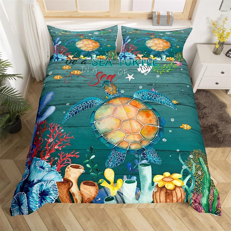 Dolphin Duvet Cover Nautical Sea Animal Bedding Set Underwater World Fish Sealife Quilt Cover Coral Reef Seaweed Queen Bed Set