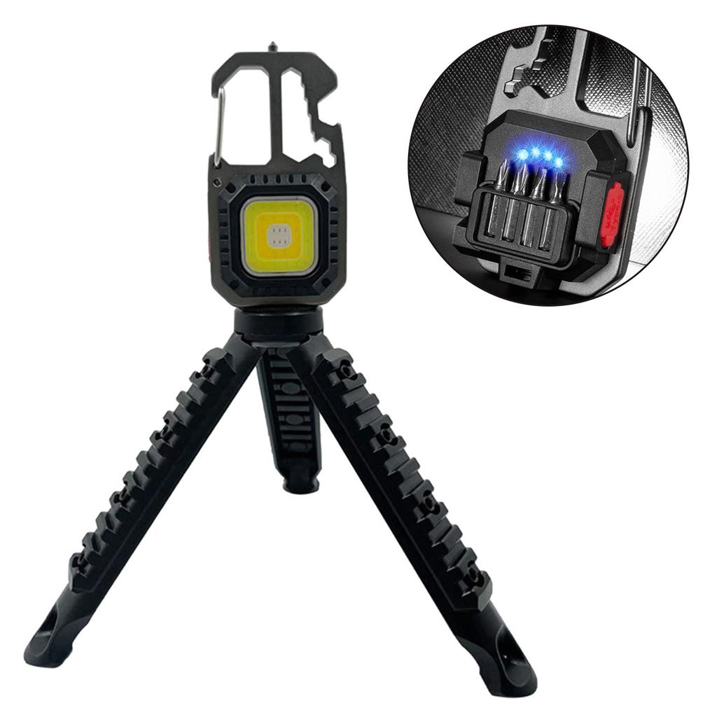 Multifunctional COB Keychain Work Light Flashlight Bottle Opener Outdoor Folding Stand Camping Flashlight with Screwdriver