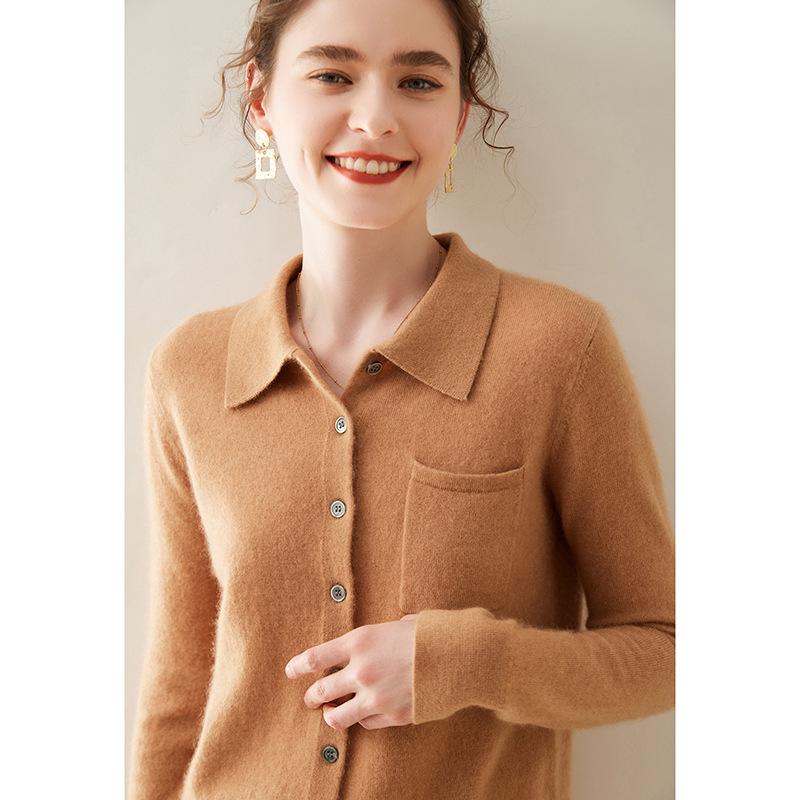Women's Cashmere Polo Collar Knit Top: Versatile Solid Color Cardigan Sweater Coat
