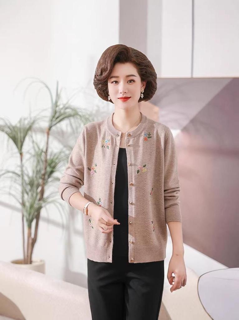 Wool Cardigan for Middle-aged and Elderly Women: Spring & Autumn Knitted Jacket