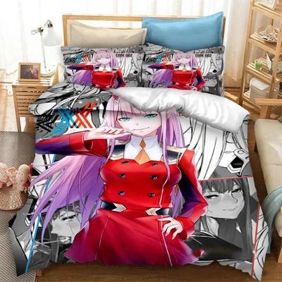 DARLING in the FRANXX Zero Two 02 Zestaw pościeli Chłopcy Dziewczynki Rozmiar Twin Queen Poszwa na kołdrę Poszewka na poduszkę Łóżko Dzieci Dorośli