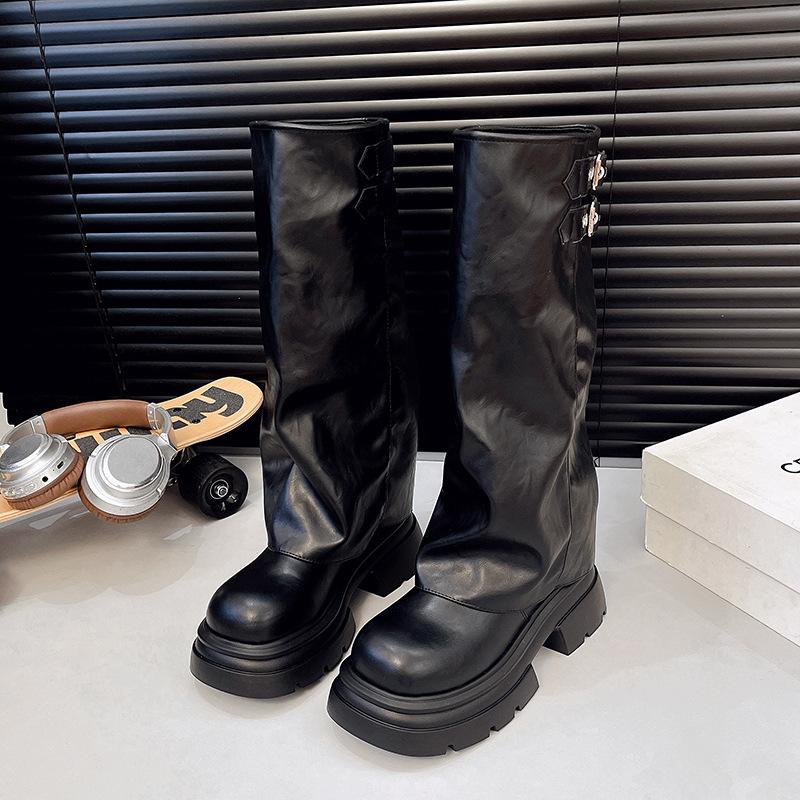 Niche trouser tube boots heightened thick-soled women's boots black tall locomotive boots big tube circumference western boots cowboy locomotive boots