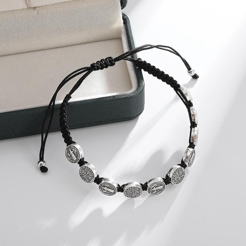 Bracciale Croce di Gesù San Benedetto Catena in Corda Regolabile Intrecciata a Mano Gioielli Cristiani per la Preghiera Fede San Benito per Uomini Donne
