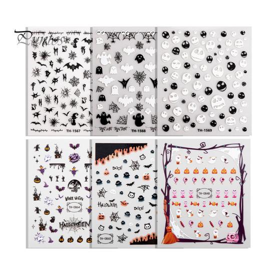 Easy to Apply Nail Decals 6 Sheets Halloween Stickers for Women, Pumpkin Ghost Bat Skull Design Manicure Decoration Decals, Art Accessories Home Salon
