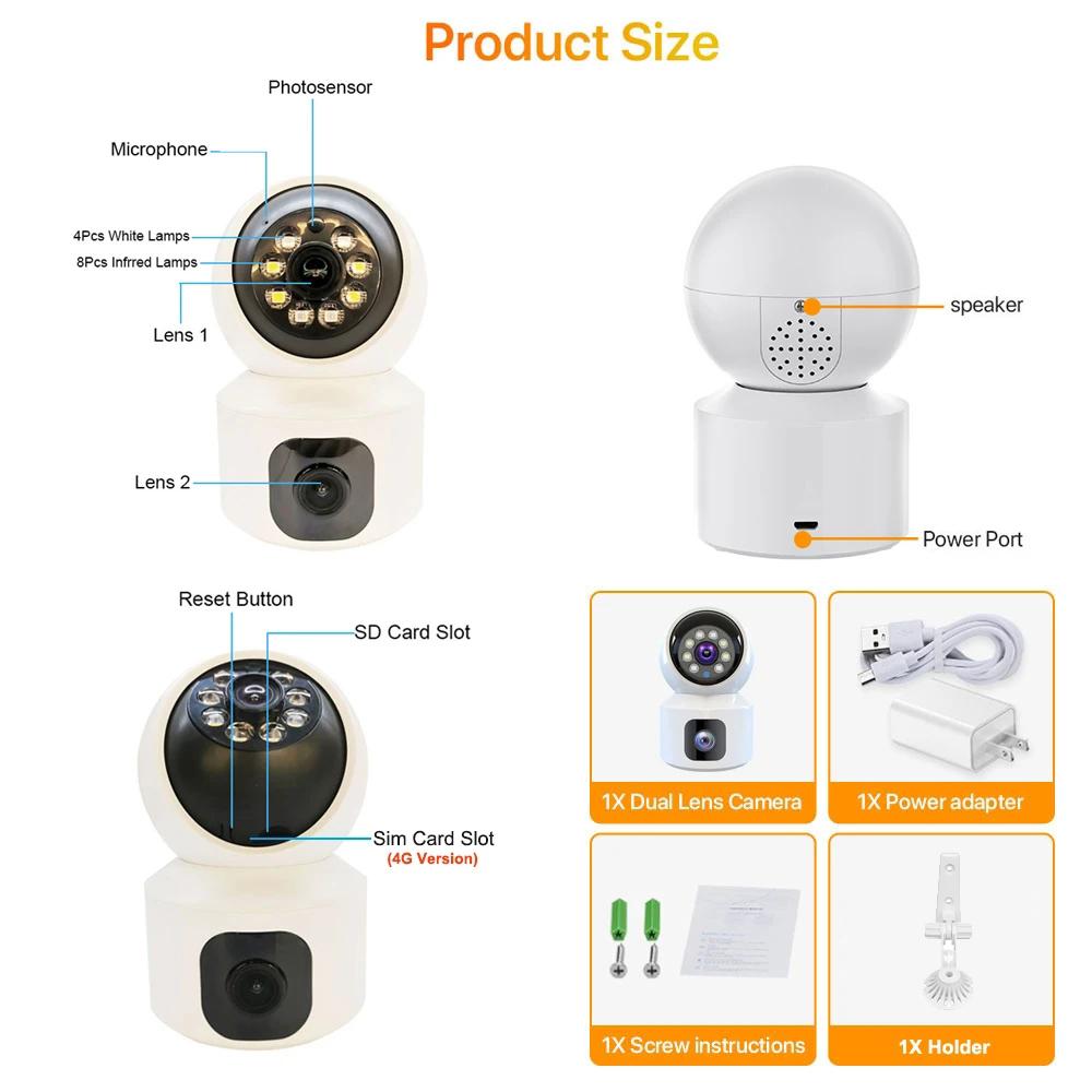 SIM Card 4G Camera Indoor Dual Lens Mini IP Camera 2K 4MP WIFI Wireless Security Night Vision Camara Video Surveillance V380 Pro