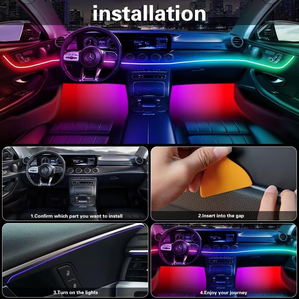 Acrylic Interior Car LED Lights With Remote And Wireless APP 6 In 1,Ambient Lighting Kits Fiber Optic Strip LEDs,16 Million Colors Music&DIY Function
