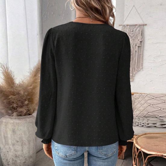 Women Short V-Neck Half Open Collar Lace Stitching Long-Sleeved Shirt Solid Color Loose Fit Pullover