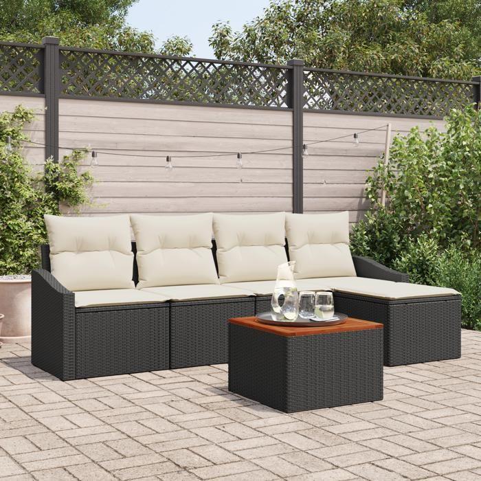 VidaXL Ensemble de Canapés de Jardin de 6 Pièces avec Coussins Noir Poly Rattan Acacia 3347817