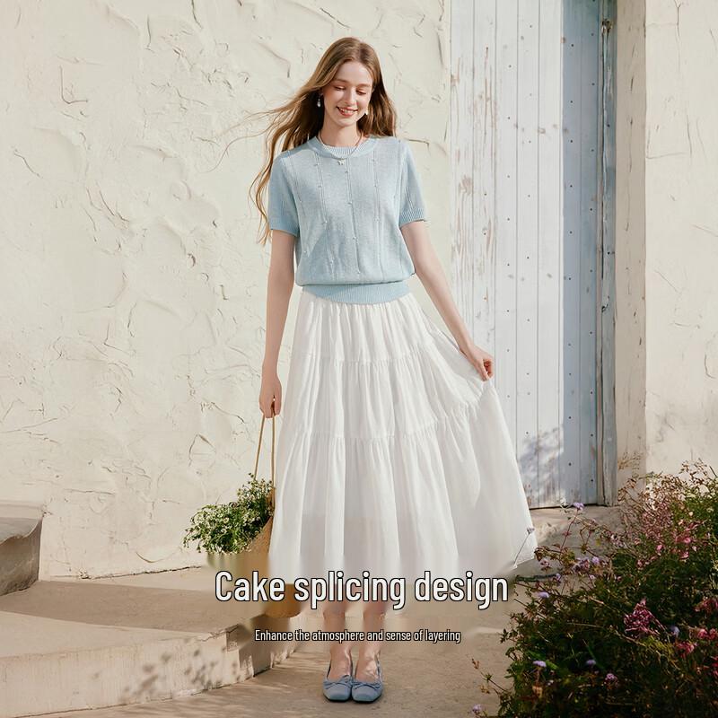 Xiangying Draped White A-line Skirt with Lace Patchwork