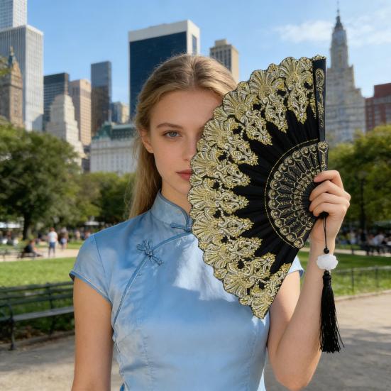 Retro Style Fan Wing Chun Dance Fan 45cm Unfolding Width Fan with Weighted Tassels Stable Rotation Stage Performance Fan