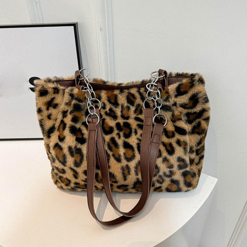 Теплая плюшевая сумка через плечо с леопардовым узором для путешествий женская большая вместимость сумка-тоут с цепочным декором винтажная мягкая сумка из искусственного меха с ручкой сверху 30x125x245cm 990₽