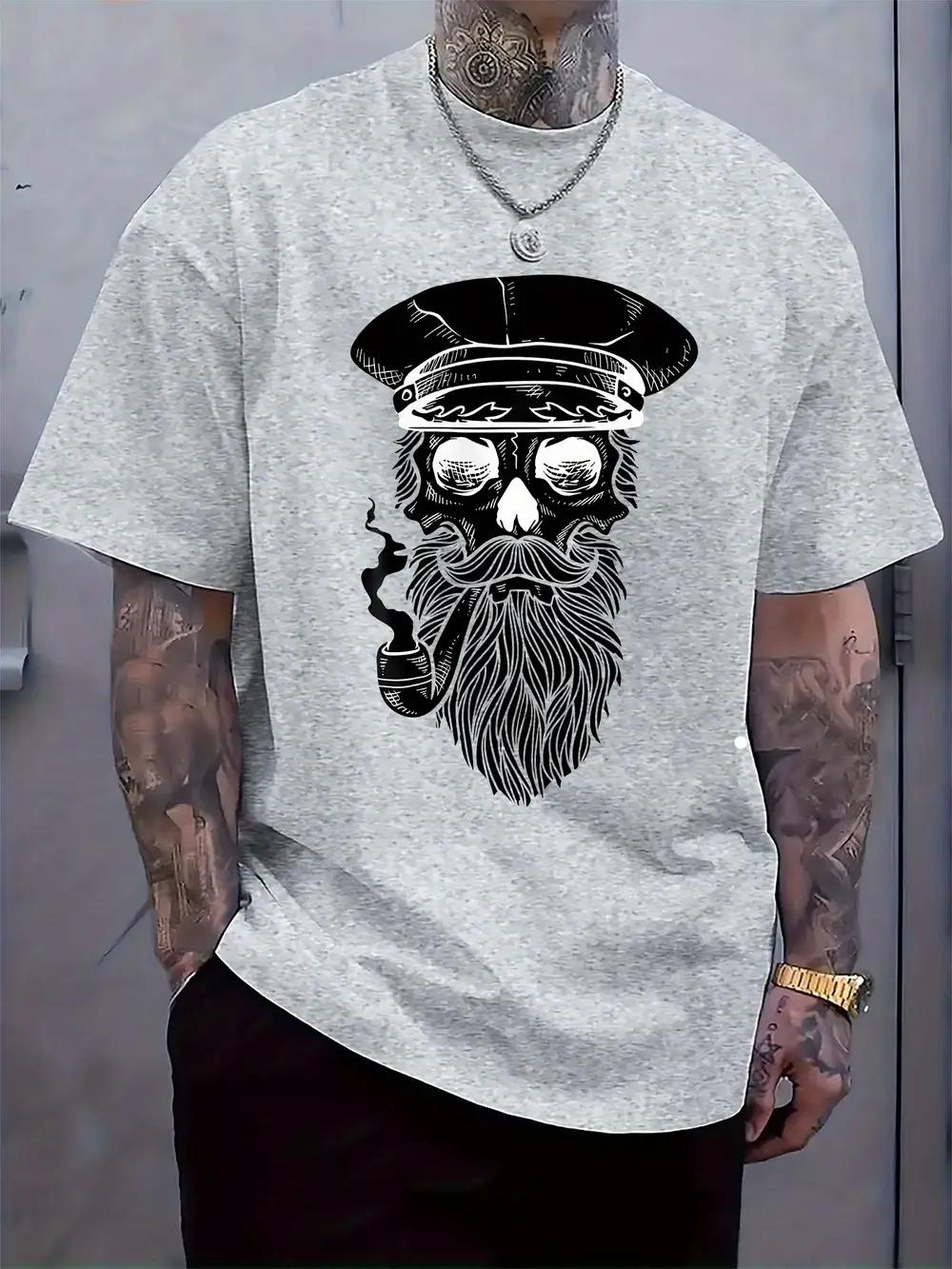 Skull Captain Graphic T-shirt - Casual Crew Neck Short Sleeve Tee with Applique Detail XXL