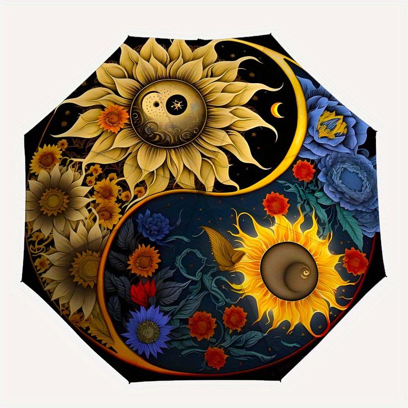 "Yin Yang Floral Harmony: Aesthetic Artwork for Walls"Umbrella, Portable 3-Fold Compact Umbrella for Men & Women ES35