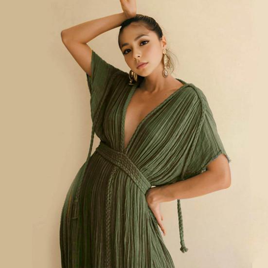 Lady Beach Maxi Dress Low-cut V Neck Short Sleevs Split Hem Pleated Lace-up Twisted Rope Decor High Waist Solid Color Long Bikini Coverup