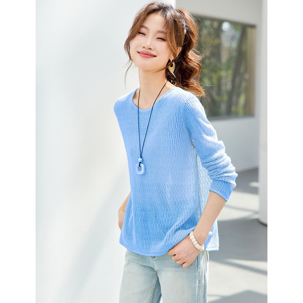 26 year new summer outfit hollowed out round neck knitted long sleeved sunshade sweater top simple and high-end women's knitted sweater