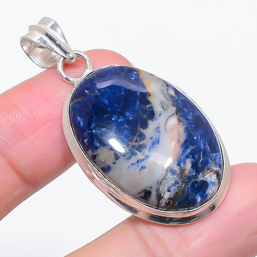 Natural Sodalite Gemstone 925 Sterling Silver Jewelry Pendant 1.89" a5d53