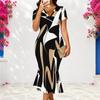 Women Plus Size V Neck Short Sleeve Fitted Striped Printed Fishtail Dress