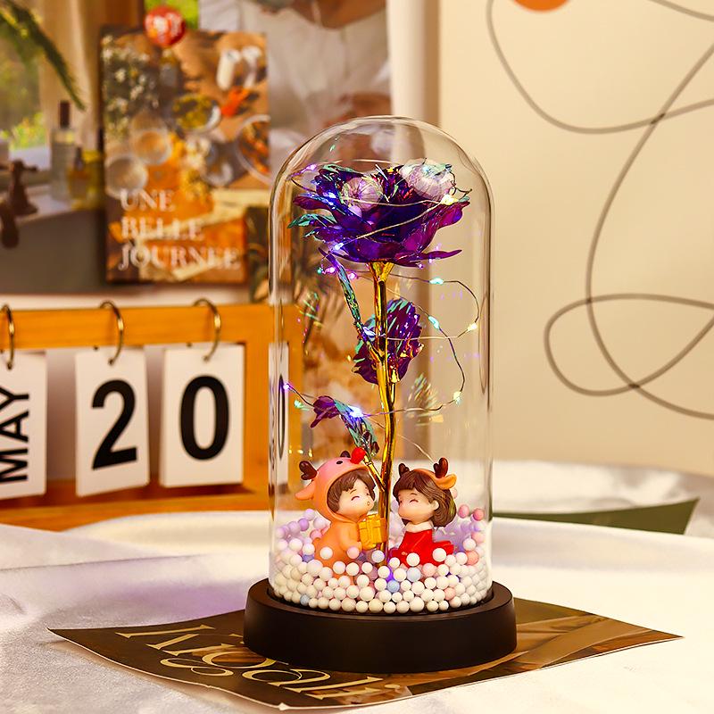 Rose Flower Preserved in Glass Dome with Night Light - Mother's Day or Birthday Gift Ornament