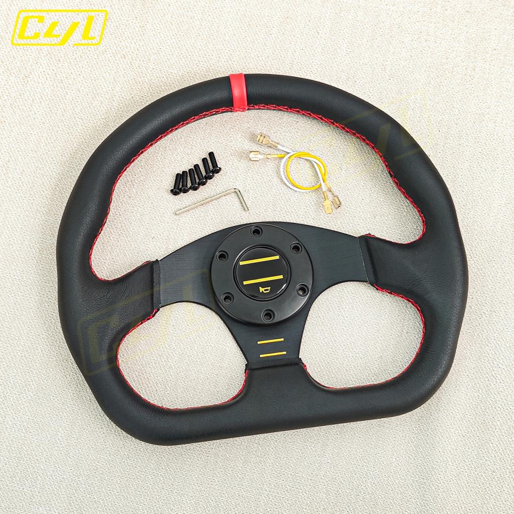 JDM D Shape Red Stitching Leather Steering Wheel Flat Dish Racing Sports Gaming Steering Wheel