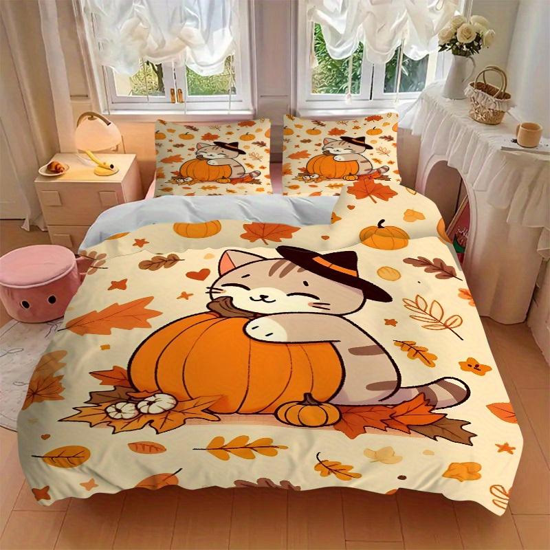 3pcs Halloween Cat Bedding Set, Suitable for Bedroom Decoration, (Includes 1 Duvet Cover And 2 Pillowcases, Quilt Not Included) yy250822187