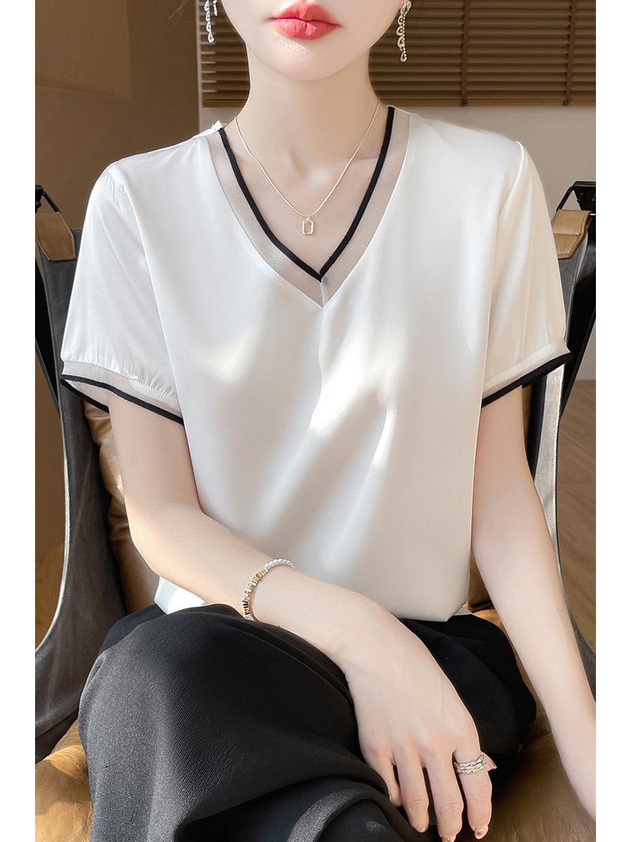

2025 Жіночий топ з шовку малбері, атласу та сітки з V-подібним вирізом та короткими рукавами XL