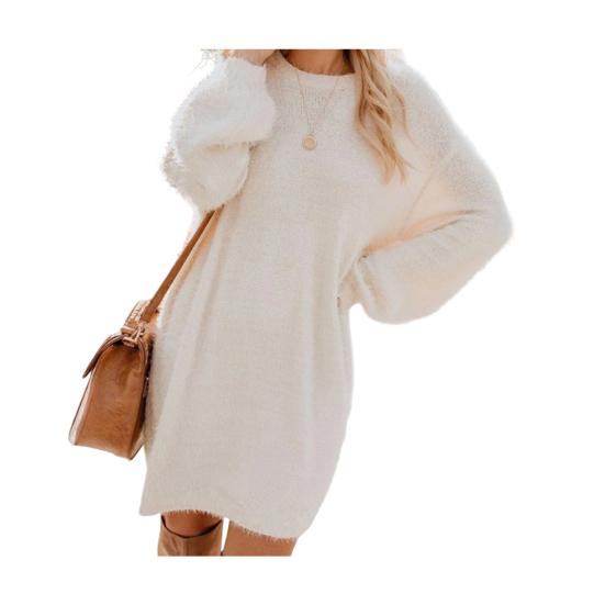 Women's Furry Pullover Sweater Dress Fuzzy Slouchy Oversized Long Tops Loose Crew Neck Fall