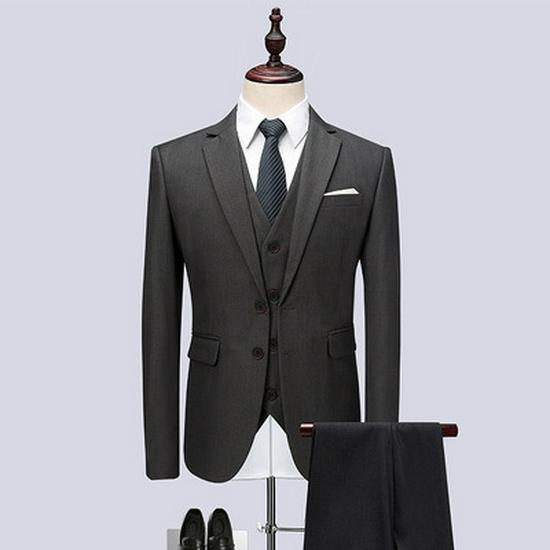 Men's Year-Round Solid Color Business Casual Two-Button Suit Three-Piece Set, Plus Size Options Available