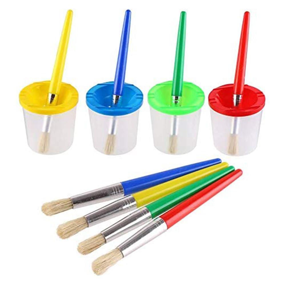 4pcs Paint Brushes and 4pcs No Spill Paint Cups with Lids for Kids Beginners