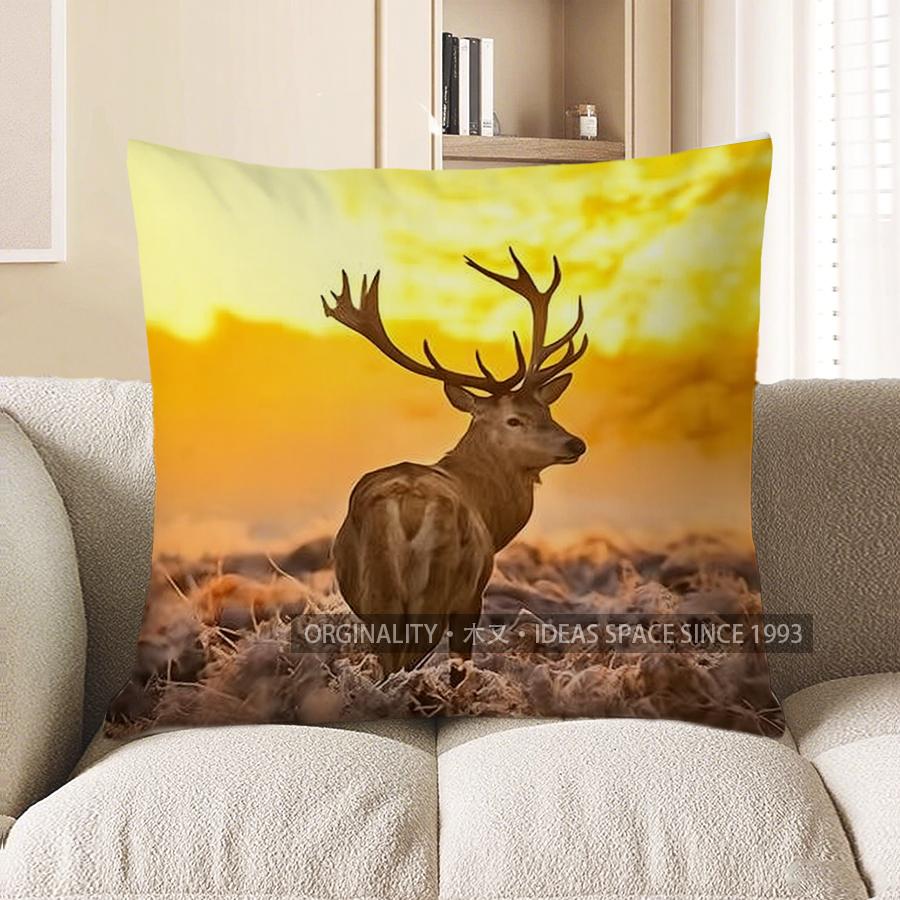 Home Decor Deer In Golden Glow: Nature-Printed Pillow Cover Pattern Cushion Cover Suitable For Sofa Bedroom Car Pillow Cover