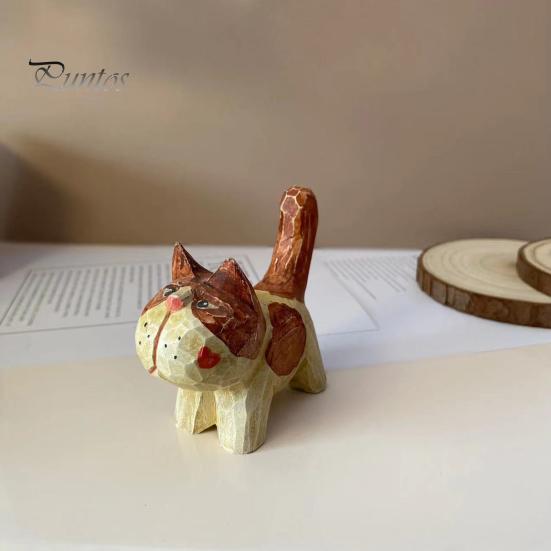 Unique Handcrafted Cat Decor Tabby Wood Figurine with Painting, Hand Carved Basswood Natural Animal Carvings Statue, Art Ornament for Home Office Desk