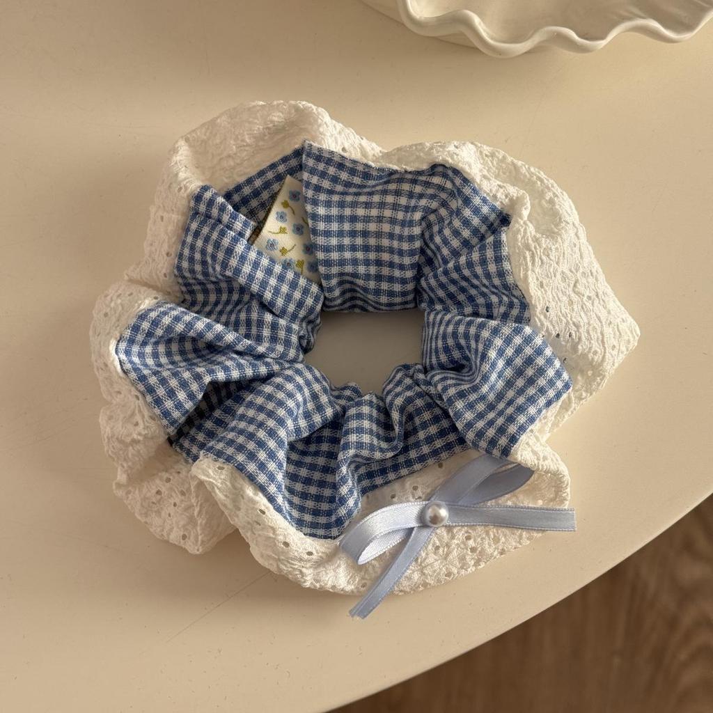 Blue Plaid Double-Sided Bow Ballet Hair Tie - Mori Style