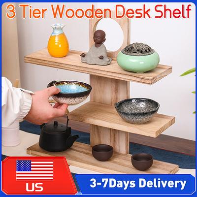Solid Wood 3/4 Tier Storage Organizer Chinese Retro Tea Set Display Rack for Teapot Cup Living Room Bedroom Kitchen Office Decor