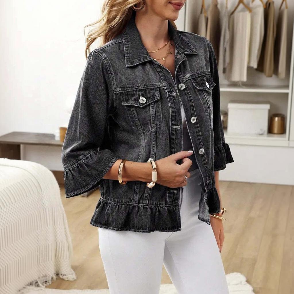 Women's Casual Denim Top with Three-Quarter Sleeves and Fit for Everyday Wear