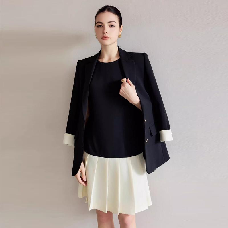 Korean Style Black & White Colorblock Pleated Dress - Women’s Fashionable Casual Spring/Summer Two-Piece Set