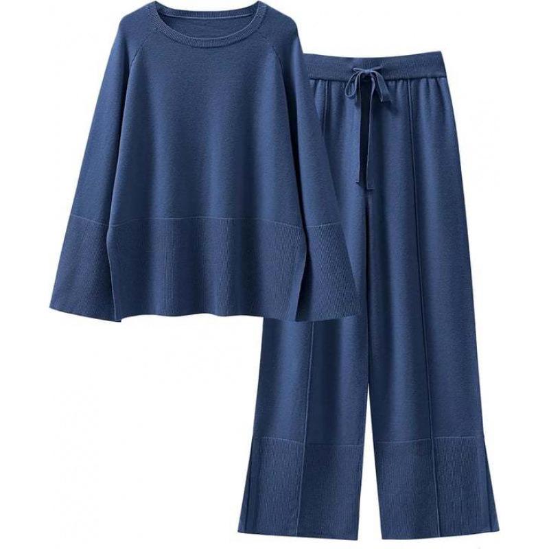 

Autumn/Winter 2025 Bell Sleeve Knit Set - European/American Fashion, Round Neck, Slit Details XL синій